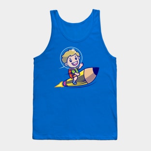 Cute Boy Riding Pencil Rocket Cartoon Tank Top